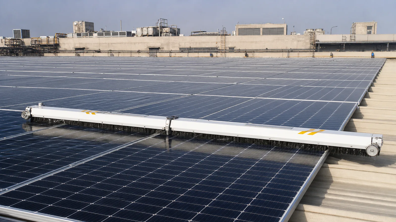 Lift & Shift cleaning robot operating across a commercial rooftop array